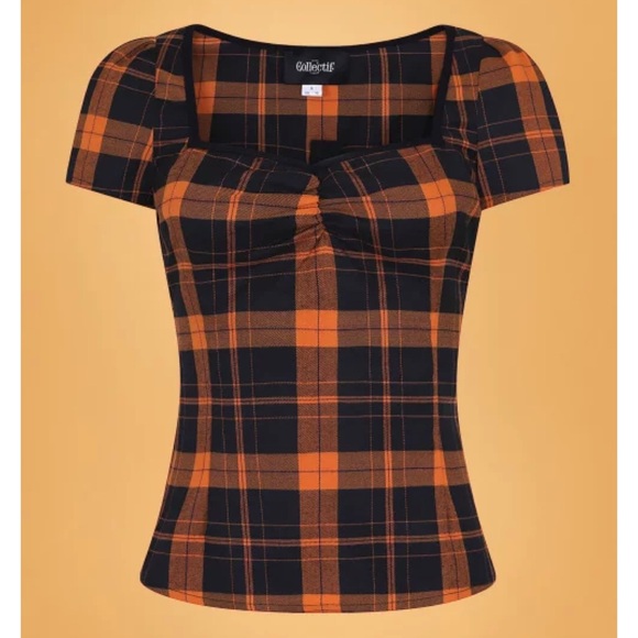 Collectif London Mimi Pumpkin Check Top Orange Fall / Autumn shirt - UK size 20 - Picture 1 of 6